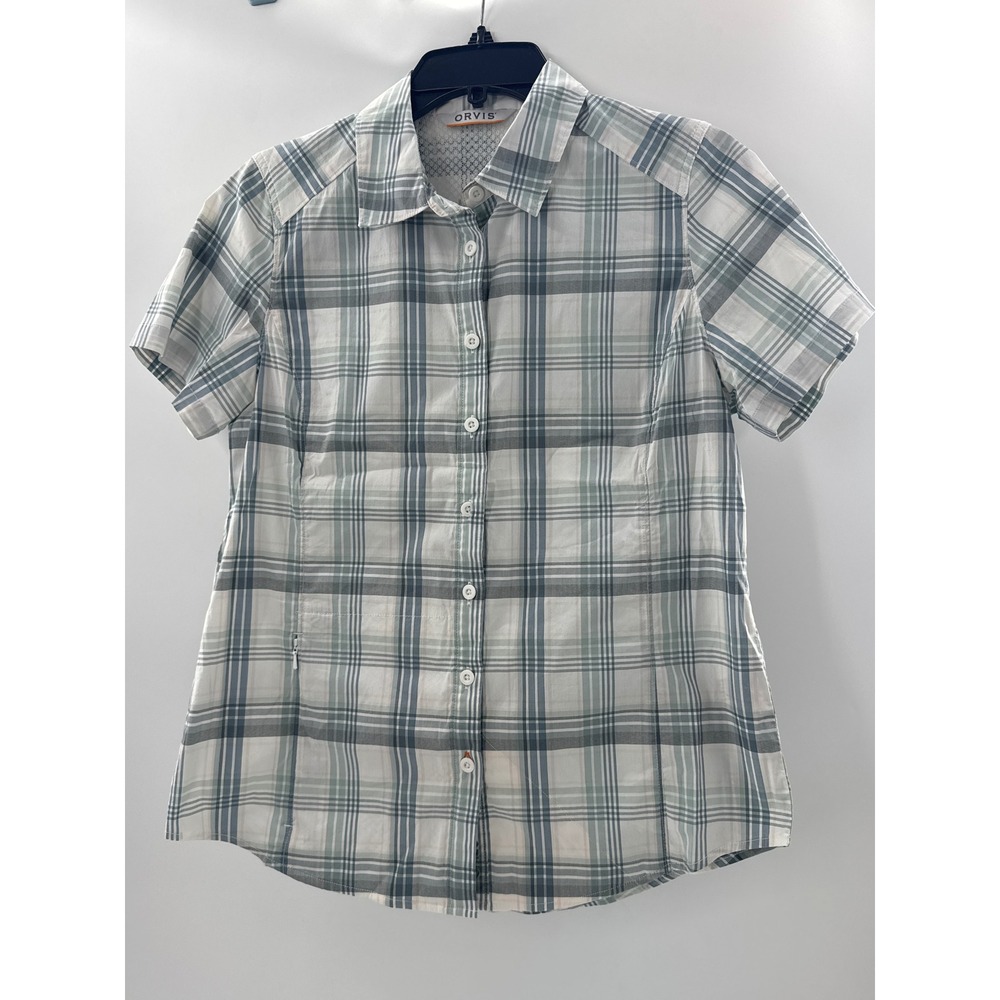Orvis Womens Blue Green Plaid Short Sleeve Button Down Shirt Mesh Back Vent S